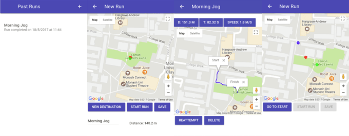 Four different screens of the app showing maps and the different routes taken