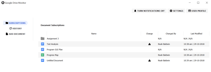 A screenshow of the program showing a list of subscribed google documents with alerts